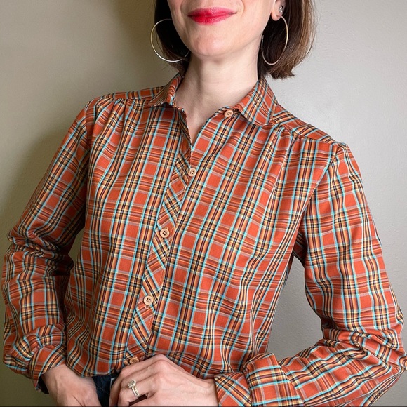 Vintage Tops - Vintage 70s peter pan collar shirred plaid terracotta button-down blouse shirt S
